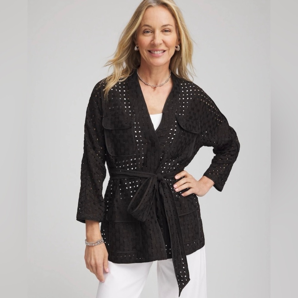 Chico's Black Eyelet Tie-Waist Jacket